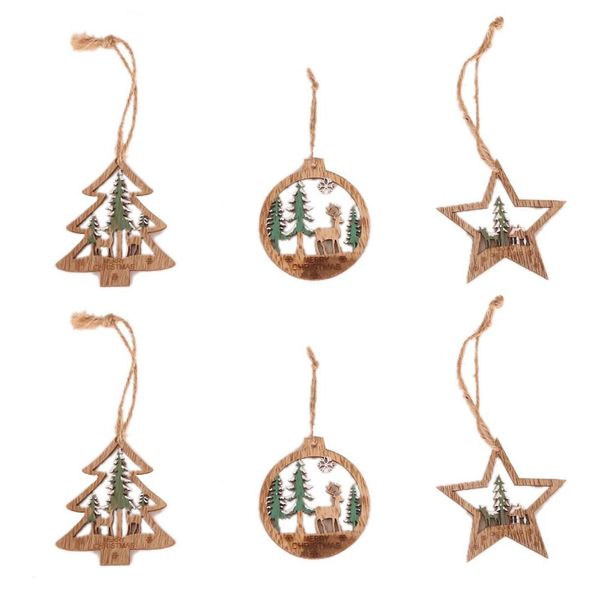 

6pcs santa claus deer new year natural wood christmas tree ornaments pendant hanging gifts xmas decor for home party decorations