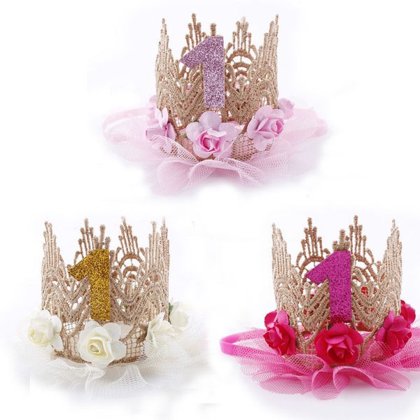 

1 pcs birthday cap flower crown 1st birthday hat newborn baby girl boys headband 1 year party decorations gift