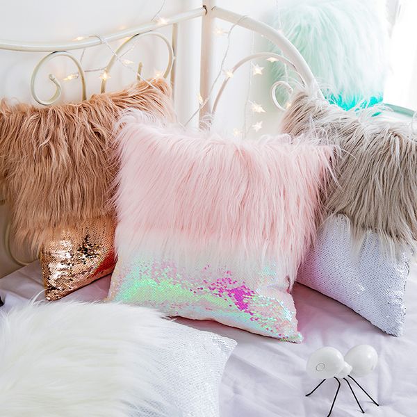 

decor fur cushion cover nordic bling sequins embroidered pillow case lovely long plush patchwork christmas birthday gift 45*45cm