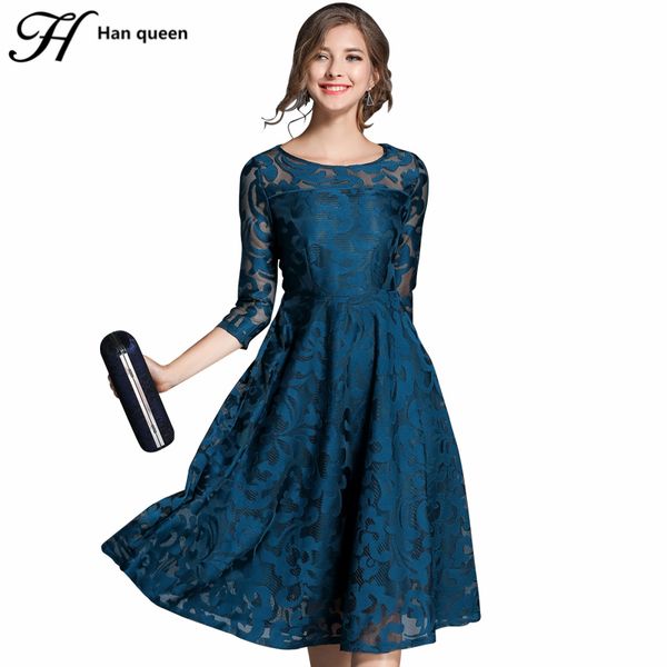 

h han queen autumn lace dress work casual slim fashion o-neck hollow out blue red dresses women a-line vintage vestidos, White;black