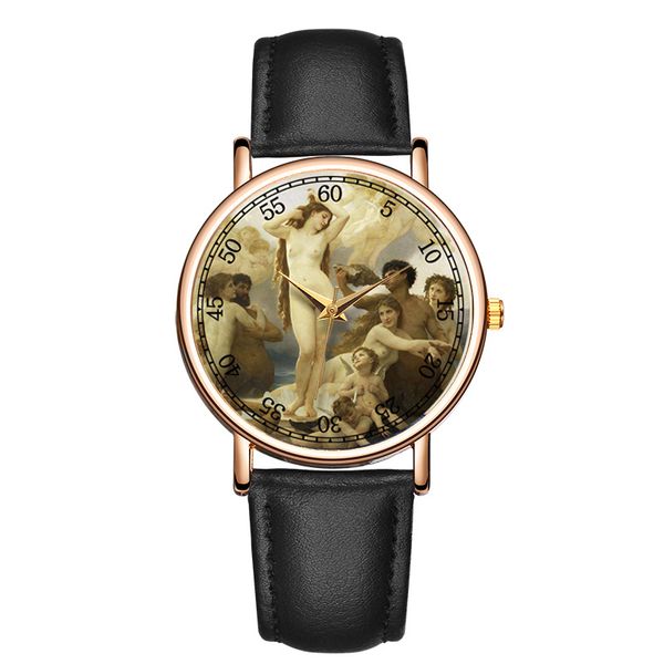 

fashion casual art style character pattern oil painting style sect luxury dress quartz watch, Slivery;brown