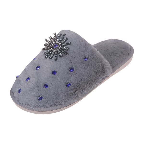 

fashion women round toe winter lady crystal mixed color comfortable winter fur home shoe nonslip indoor warm women slippers, Black