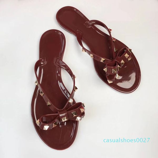 

новая мода женщины заклепки бантом плоские сандалии девушки летние пляжные туфли женщина щебень прохладный желе обувь быстрый дропшиппинг об, Black