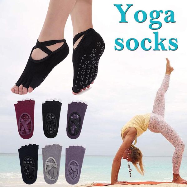 

backless cross strap yoga socks half toe non-slip ladies massage sports socks half-fingers cotton exercise ballet, Black