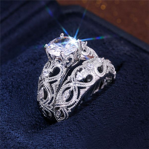 Cor prata 2 rodadas anel moda anéis de casamento conjunto cúbico zircônia jóias oco amor coração flor casal banda naval
