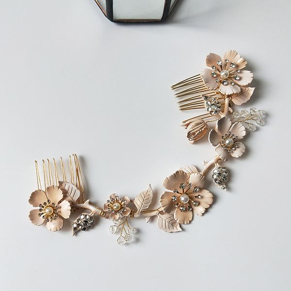 

handmade hair piece wedding enamel flower long hair comb headband bridal accessories headpiece jewelry, Golden;white