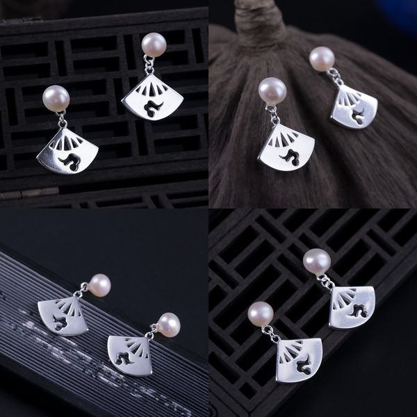 

925 originality pearl sector ear nail woman silver antique court natural texture of material concise exquisite earring hanfu accessories, Golden