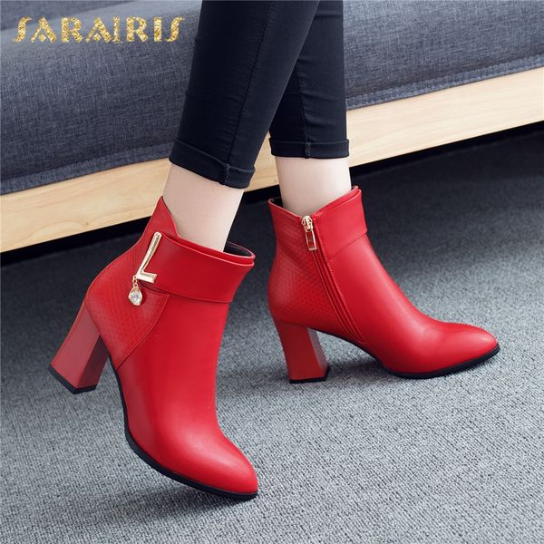 

sarairis brand new design 2019 black red ankle boots women shoes woman chunky heels zip up autumn shoes woman boots