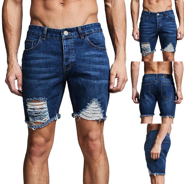 

men's denim shorts fashion shorts ripped distressed straight fit, Blue