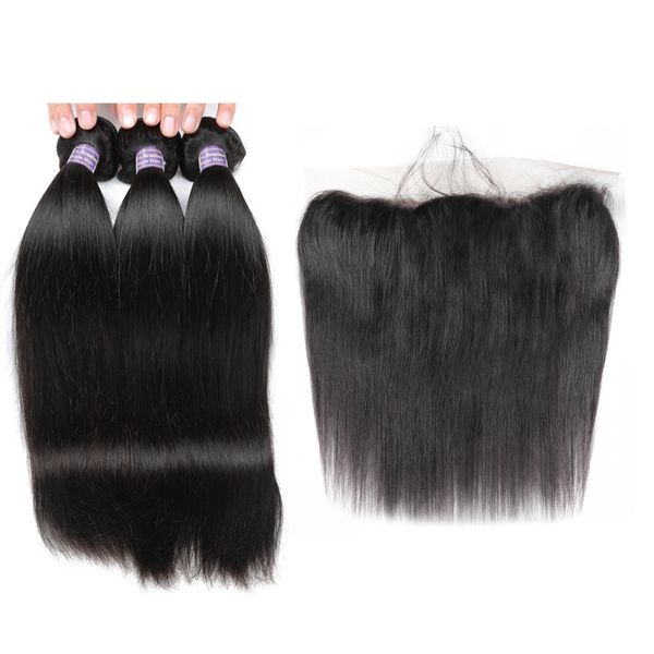 3Bundles Mit 13*4 Transparent Spitze Frontal 10A Brasilianisches Glattes Haar Peruanische Haarverlängerungen Malaysische Menschliche Haarbündel Mit Verschluss