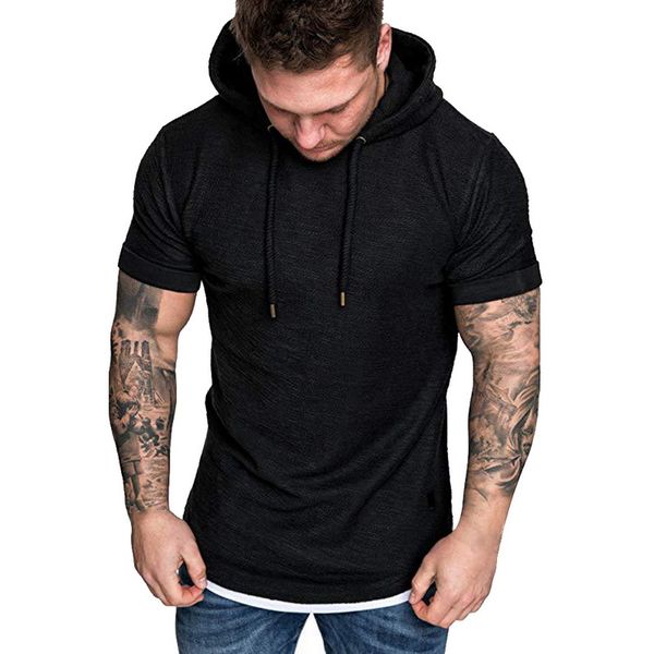 

2019 summer short sleve hooded t shirt men solid color fashion hoodie male plus size 3xl slim fit tee camisa masculina, White;black