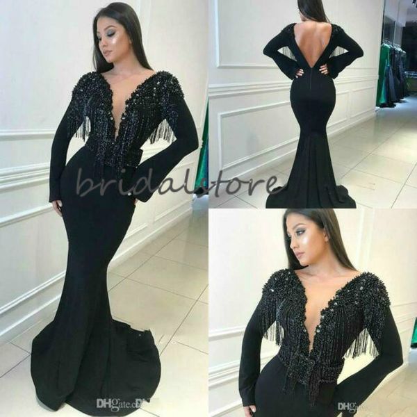 

очаровательная черный русалка вечерних платьев глубокого pluggle бисер пром платье tigh low back 2020 элегантных рукава арабские вечерние пл, Black;red