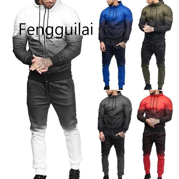 

2019 fashion men gradient suit 3d print jacket suits spring autumn hooded jacket and trousers casual set streetwear new clothing, Black;brown