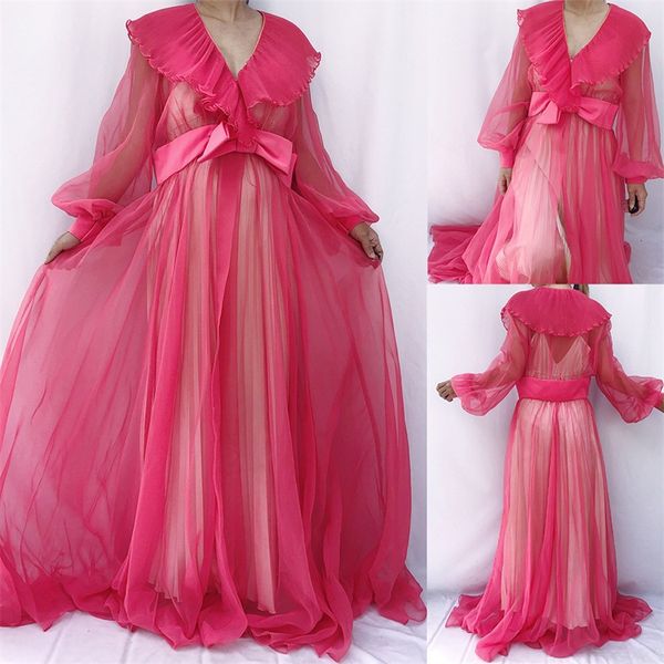 Günstige Korallen-Hochzeitsroben, V-Ausschnitt, lange Ärmel, geraffte Chiffon-Brautjungfer-Robe, bodenlang, durchsichtiges Nachtkleid für Frauen