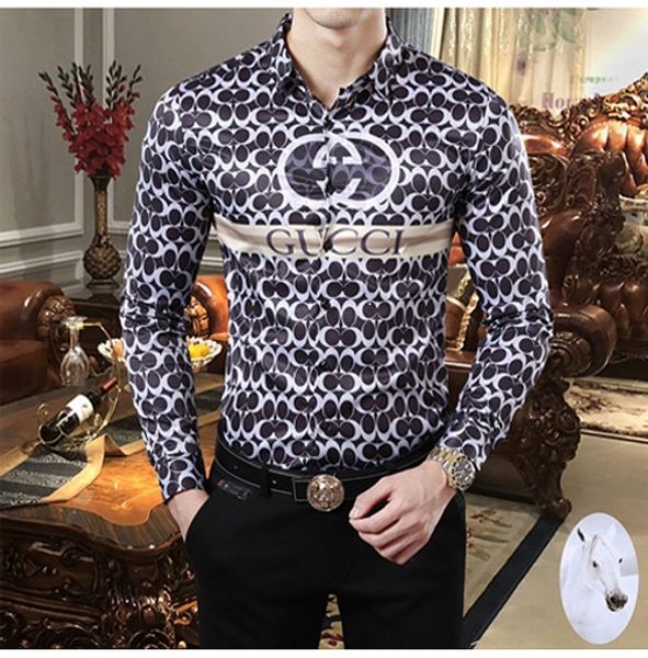 

men's shirts logistics new men's casual prints lapel slim luxury long sleeve shirt european and american brand fashion trend shirt, White;black