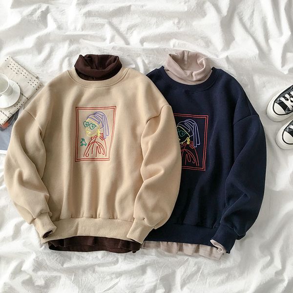 

осень и зима женщин плюс бархат сгущает hoodie девушки вышивка мода для подростков девочек студент толстовка tops стиль колледжа, Black