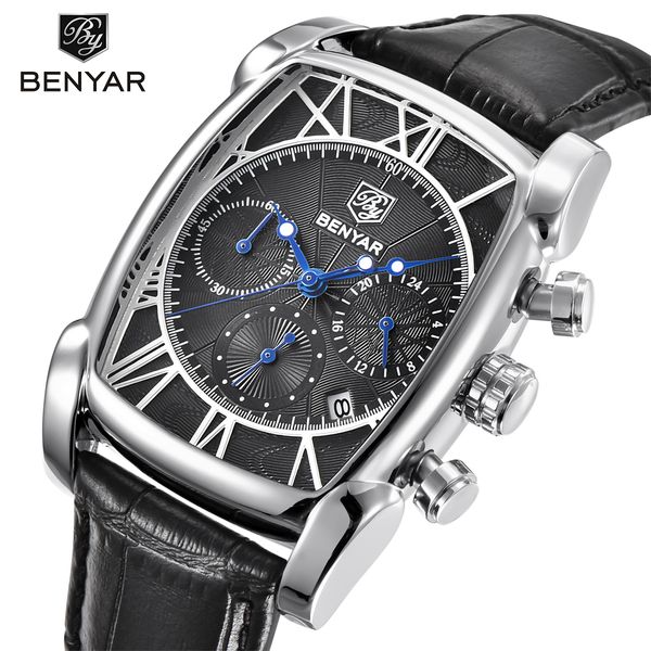 

benyar men sports quartz watch man chronograph waterproof leather men leisure clock relogio masculino, Slivery;brown