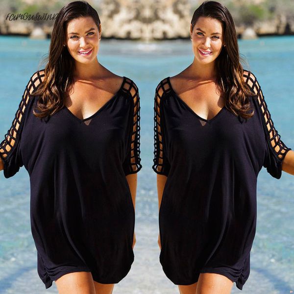 

plus loose size women summer black blouse up beachwear cover v-neck ladies hollow out beach clothing, White