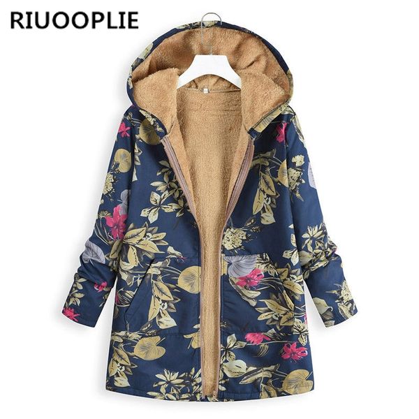 

riuooplie плюс размер женская цветочный капюшоном пальто зимы дамы zipper теплая куртка outwear, Black
