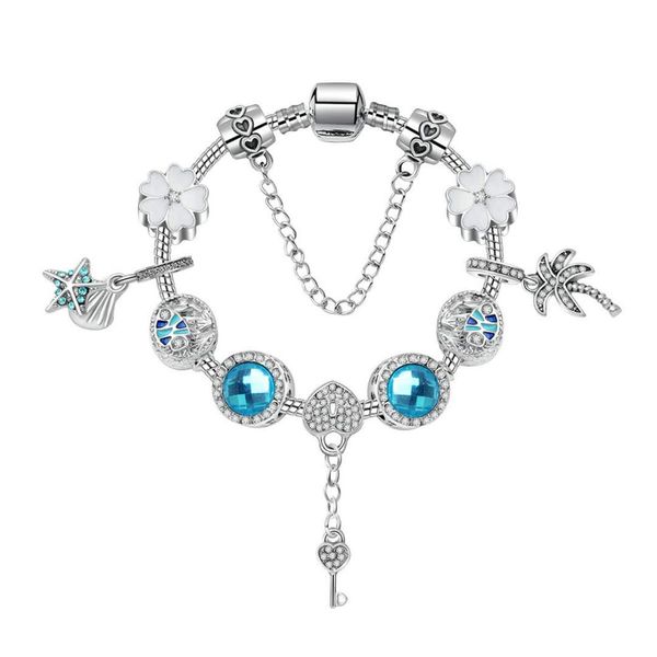 

17-21cm new ocean style love key pendant bangle silver charm bead accessories bracelets diy wedding jewelry valentine gift with box, Golden;silver