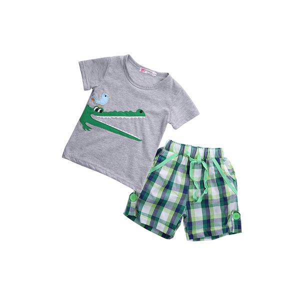 

2017 повседневный прекрасный младенец мальчиков с коротким рукавом o-образным вырезом пуловер мультфильм серый рубашка топы зеленый плед шор, White