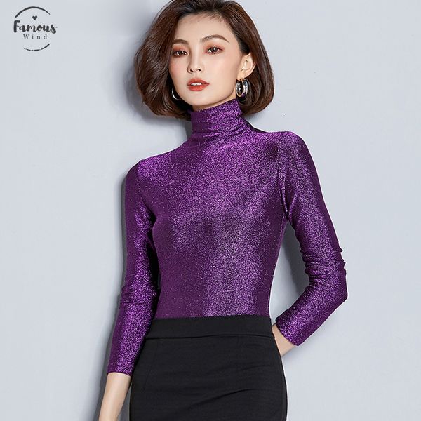 

2019 new turtleneck t shirt women basic knitted lurex long sleeve women casual t-shirt femme sheer slim ladies top, White