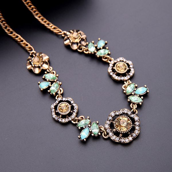 

bulk price elegant green & champagne crystal flowers necklace 2017 new antique gold color choker necklace for women, Golden;silver