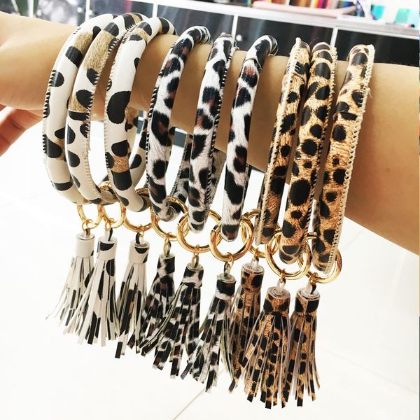 

leopard print leather wrap bracelet keyring chain tassel pu leather bracelets o key ring circle bangle wristlet keychain jewelry accessories, Slivery;golden