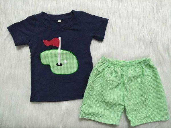 

male baby suit blue blouse red flag pattern embroidery green seersucker shorts, White