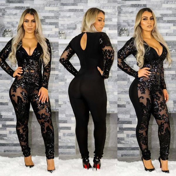

sequin lace women jumpsuit black skinny bodysuit female long sleeve plus size party club red christmas rompers, Black;white