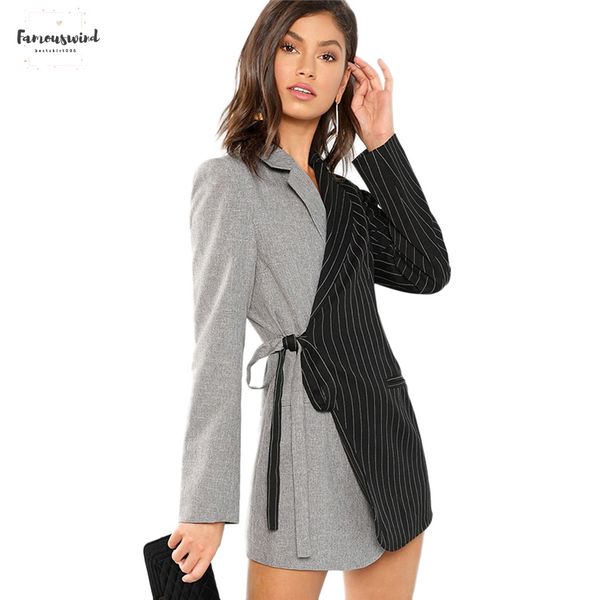 

notched women blazers and jackets colorblock striped tie waist surplice wrap womens blazer autumn outerwear ladies long coat, White;black