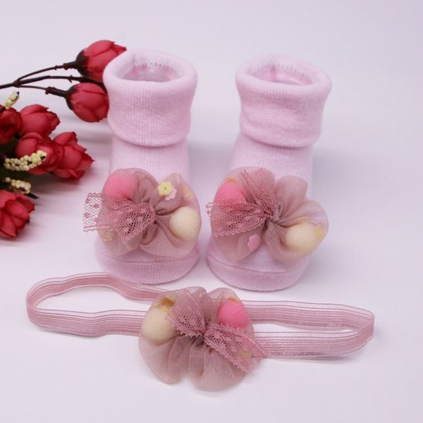 

2pcs/set newborn baby cute mesh bowknot lace design cotton socks + hairband pgraphy props set, Pink;yellow