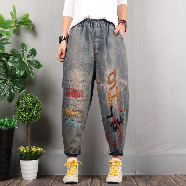 

2020 spring new embroidery loose straight jeans women retro elastic high waist patch harlan cropped pants women, Blue