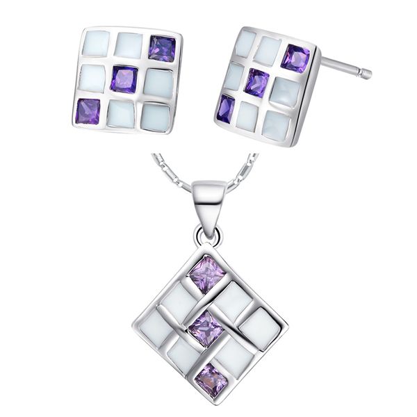 

nice plating necklace/earrings jewelry sets, classic retro style cube shape design grid, mosaic crystal violet, white epoxy, Slivery;golden