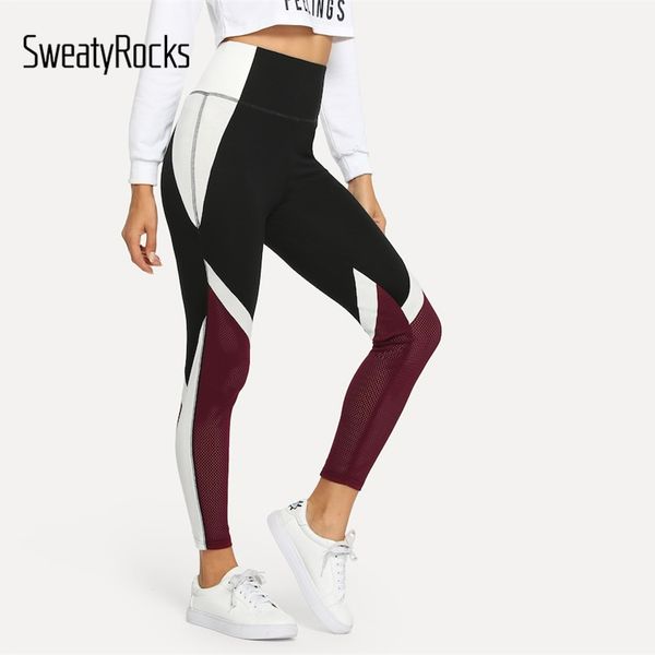 

sweatyrocks mesh panel color block leggings high waist workout skinny women leggings 2019 spring active wear stretchy, Black