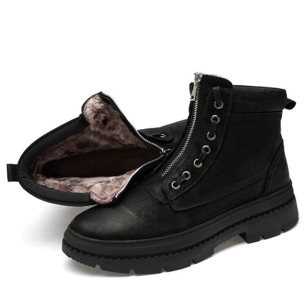 

youki mens winter boots genuine leather casual male shoes zipper work boot plush fur warm snow shoe high big size, Black