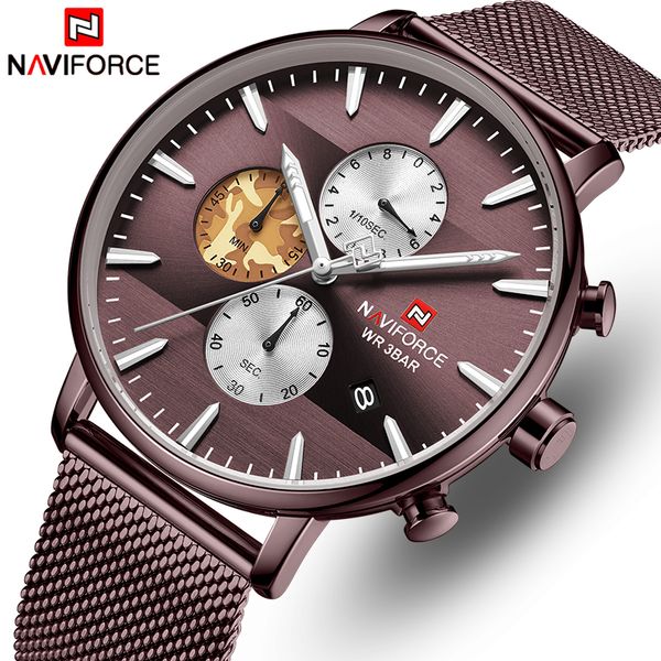

naviforce топ мода кварцевые мужские часы стальной сетки группа календарь световой водонепроницаемый спортивные наручные часы, Slivery;brown
