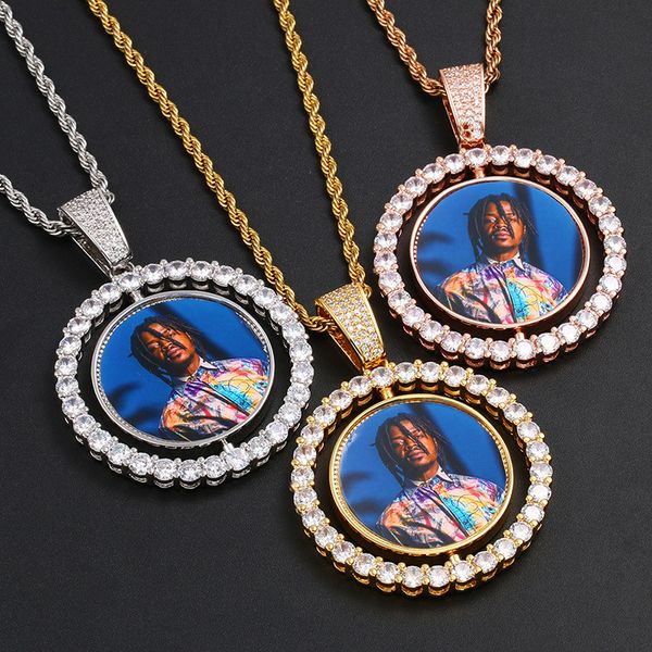 Custom Made Foto Rotating dupla face Medalhões colar de pingente com corda cadeia de Femininos Hip hop Jóias