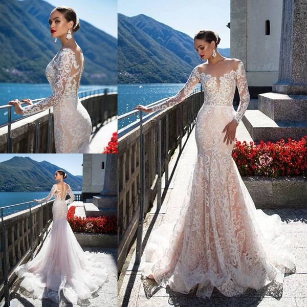 

milla nova backless wedding dresses with long sleeves mermaid sheer plunging neck trumpet bridal gowns sweep train tulle lace wedding dress, White