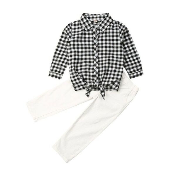 

1-6y toddler kids baby girl clothes sets outfits 2pcs plaid long sleeve shirts+white denim pants