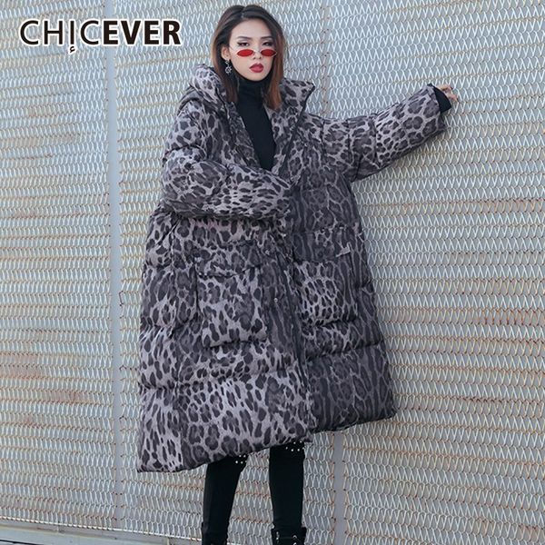 

chicever leopard women's down jacket hooded long sleeve zipper loose thick winter coats female jackets for women fashion tide, Black