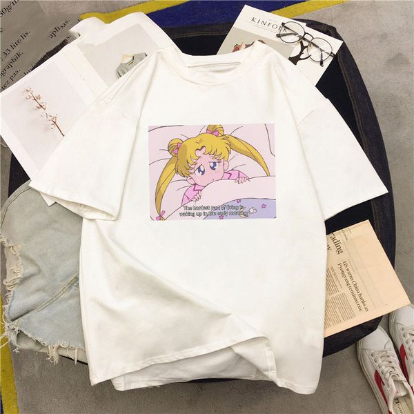 

womens tshirt womens clothing sailor moon summer new fashion large size loose letter print harajuku polyester fun ulzzang t shirt, White