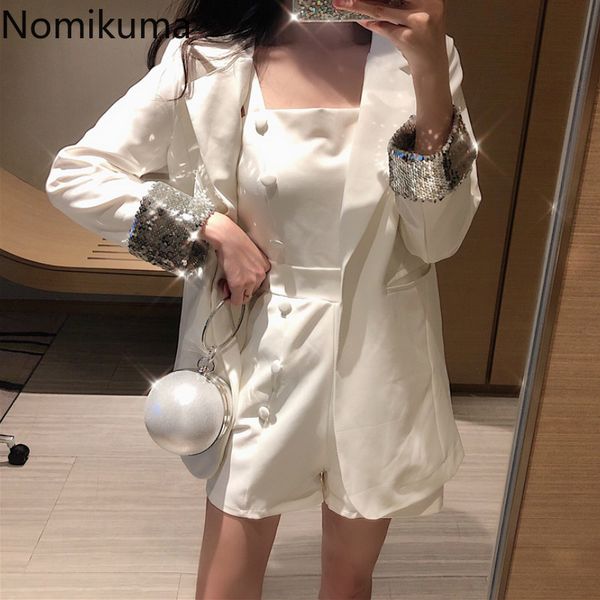 

nomikuma elegant blazer 2 piece set women sequined solid color suit double breasted fashion playsuit korean new outfits 3a791, White