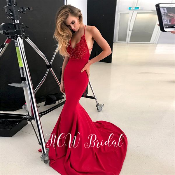 

gorgeous red mermaid backless evening dress 2019 chic beaded lace spaghetti strap elastic satin long formal occasion dresses, White;black