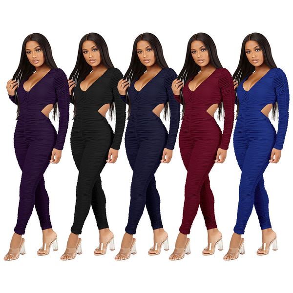 

women's jumpsuits european and american fashion hollow pleated jumpsuit tight long sleeve women, Black;white