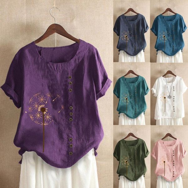 

womens t-shirts 2020 female o-neck short sleeve floral print buttons cotton linen vintage print t shirt plus size mujer tee, White