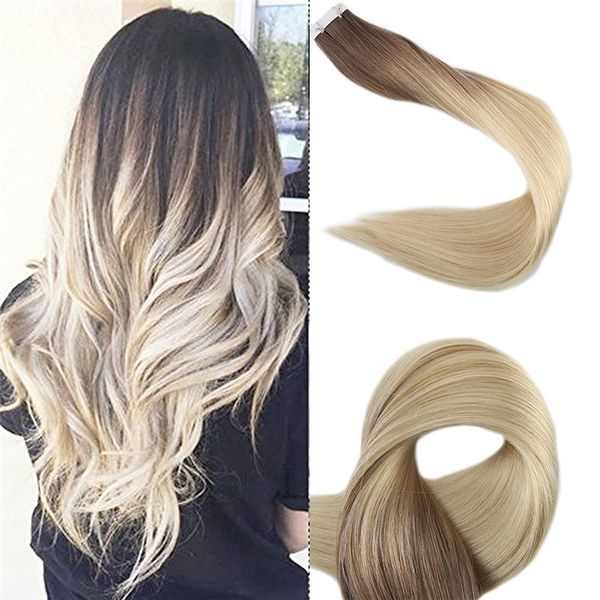 Grosshandel Balayage Echthaar Extensions Tape In Ombre Dunkelbraun Bis Hellbraun Und Bleach Blond Tape In Haar Extensions Remy Glatt 50g 20st Von