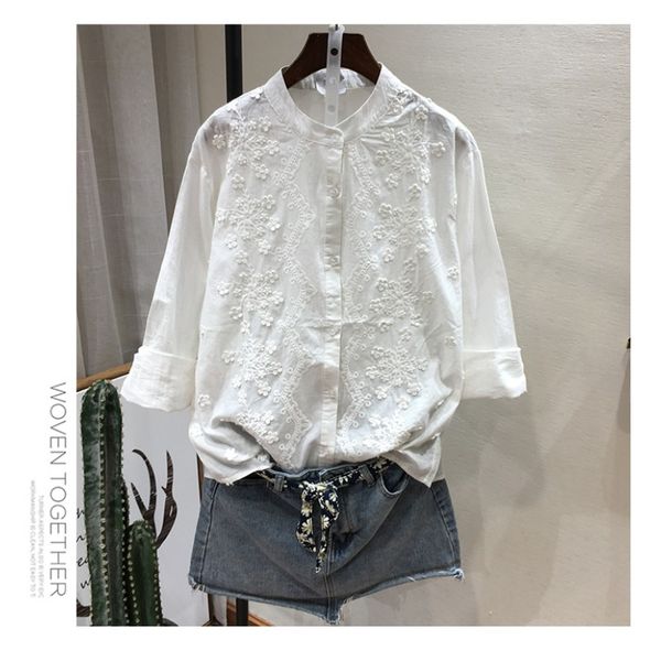 

3d цветы вышивка длинный рукав вышивка хлопок рубашка блузка мори девушка, White