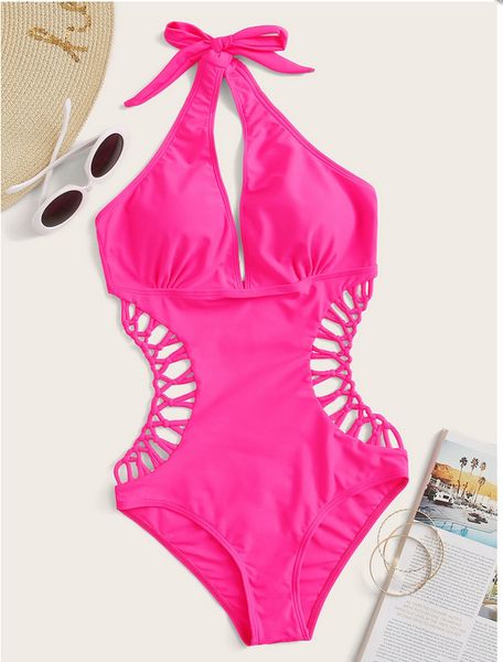 

new white halter cut out bandage trikini swim bathing suit monokini push up brazilian swimwear women one piece swimsuit, White;black