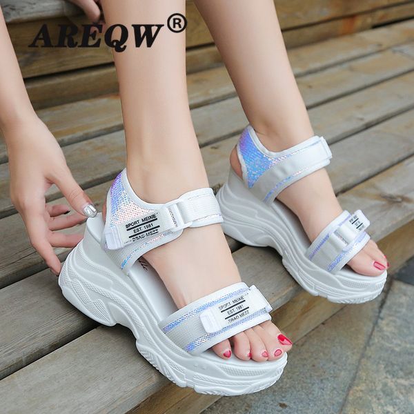

women sandals summer thick bottom 2020 fashion high heels breathable wedges open toe hook loop bling causal women sandals, Black